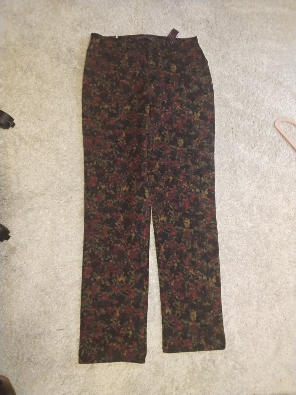 Floral Pattern Straight-Leg Pants in Black with Burgundy and Olive